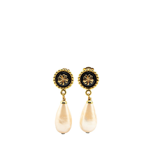 Gold Chanel Gold Plated Clover Faux Pearl Drop Earrings