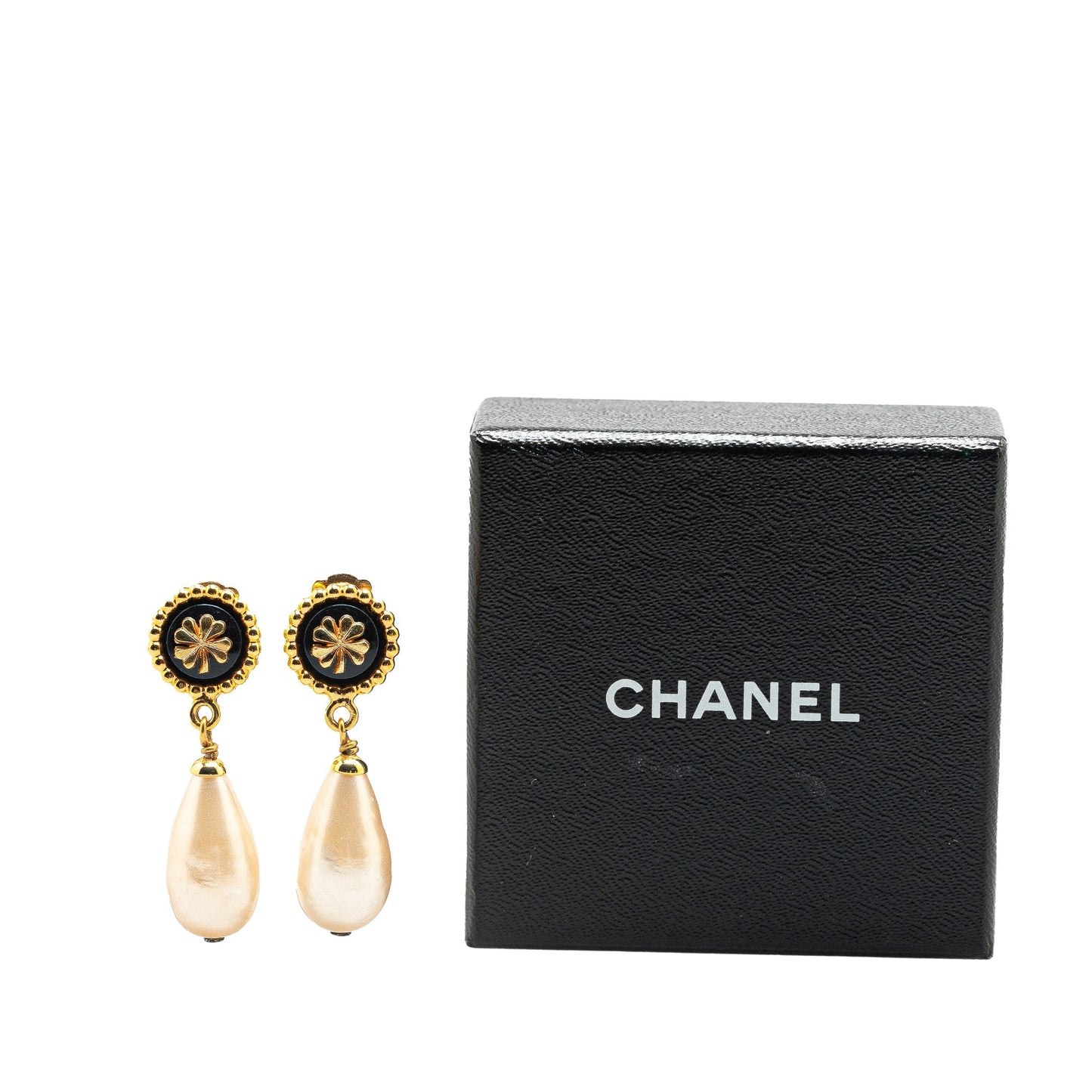 Gold Chanel Gold Plated Clover Faux Pearl Drop Earrings