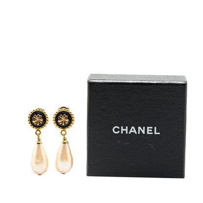 Gold Chanel Gold Plated Clover Faux Pearl Drop Earrings