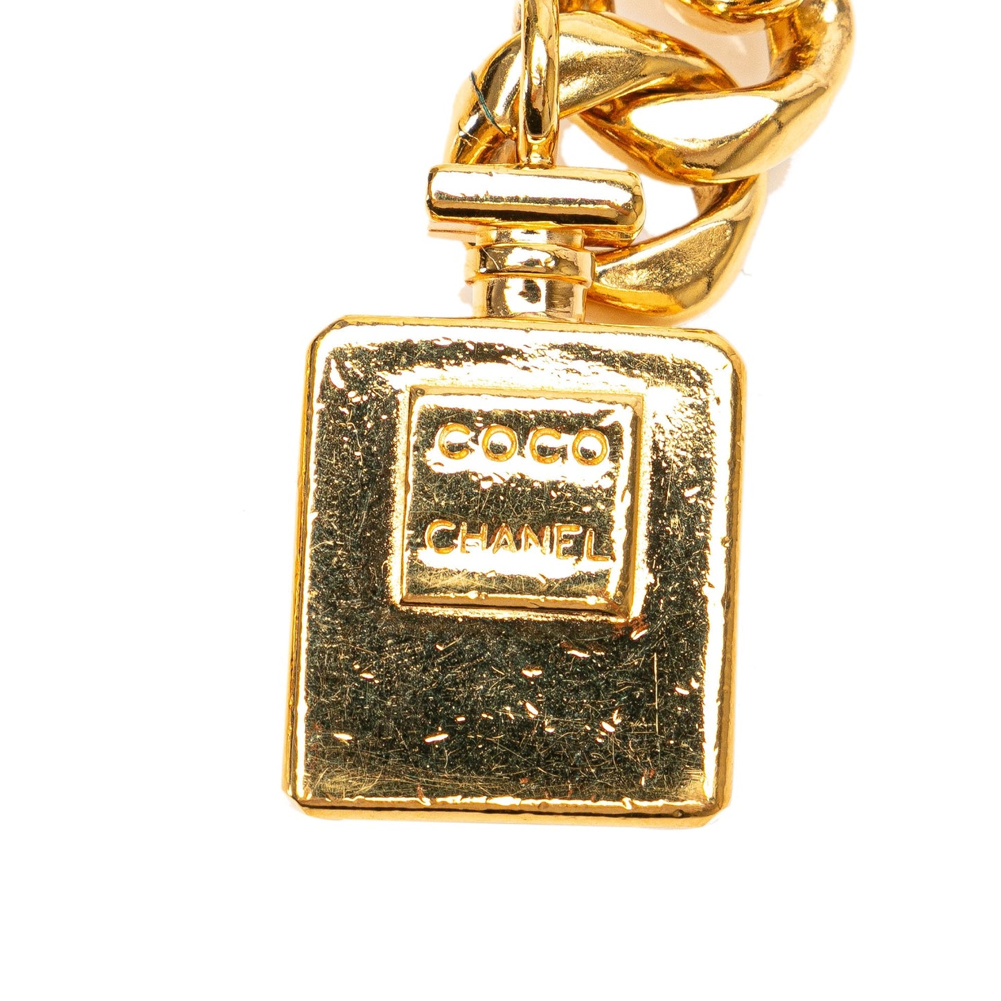 Gold Chanel Gold Plated No. 5 Perfume Bottle Charm Chain Link Belt