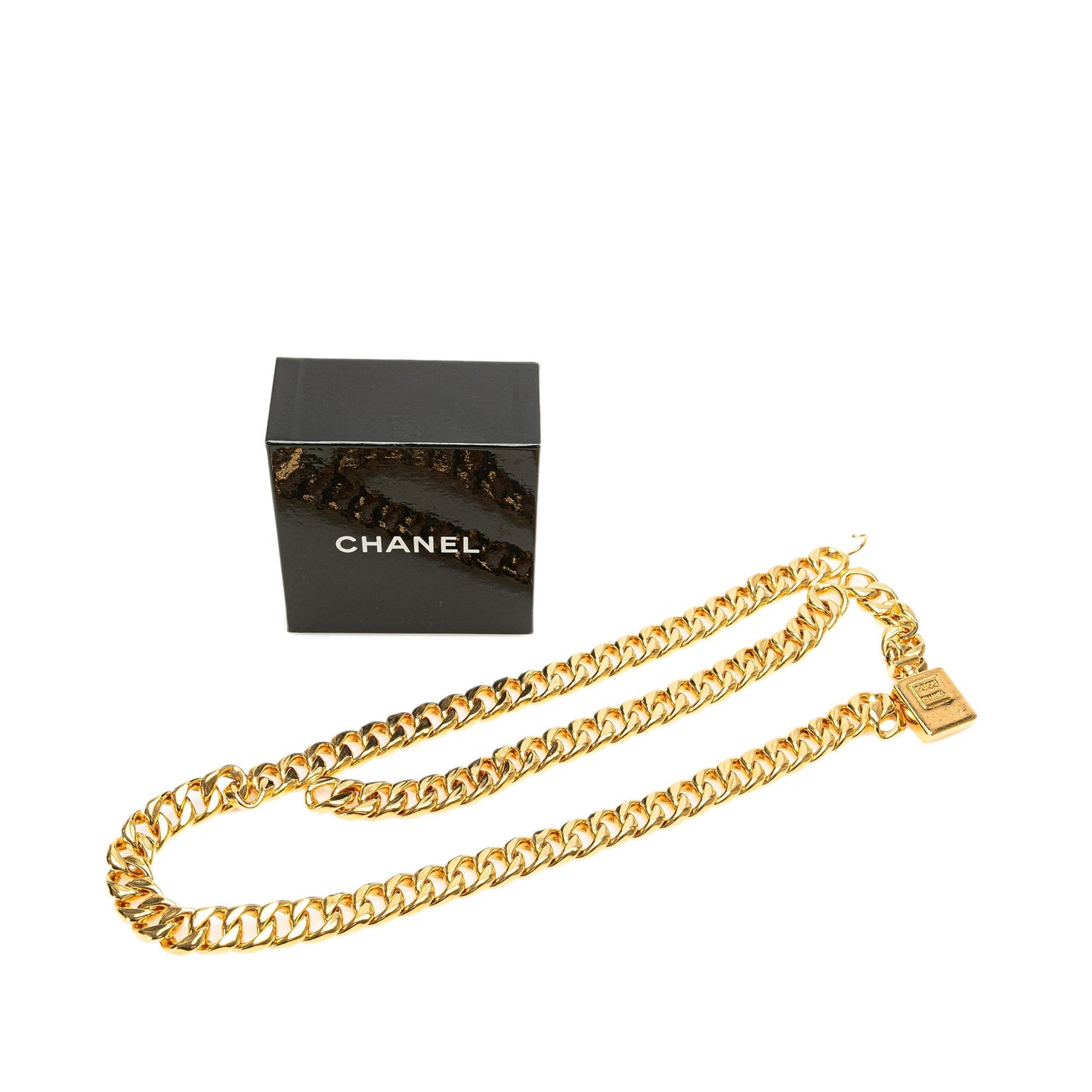 Gold Chanel Gold Plated No. 5 Perfume Bottle Charm Chain Link Belt