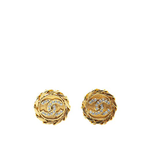 Gold Chanel Gold Plated Rhinestone CC Clip On Earrings