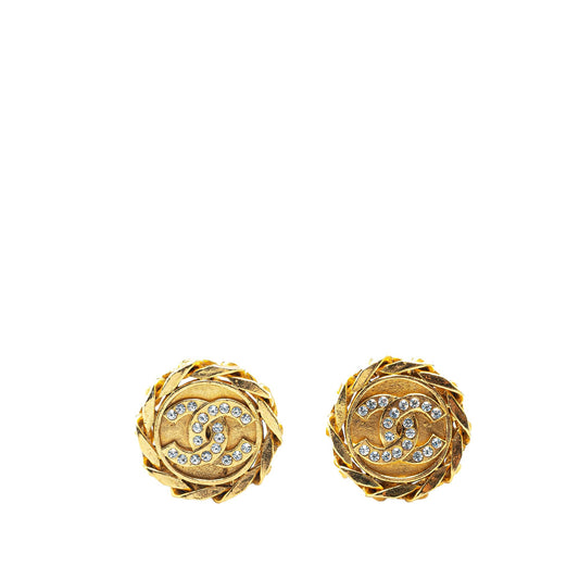 Gold Chanel Gold Plated Rhinestone CC Clip On Earrings