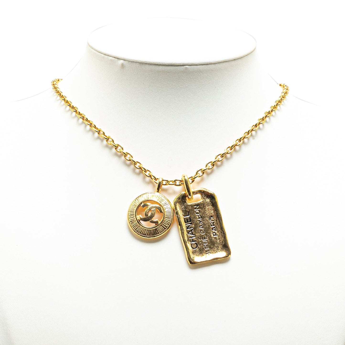 Gold Chanel Gold Plated CC Round and Rue Cambon Pendant Necklace