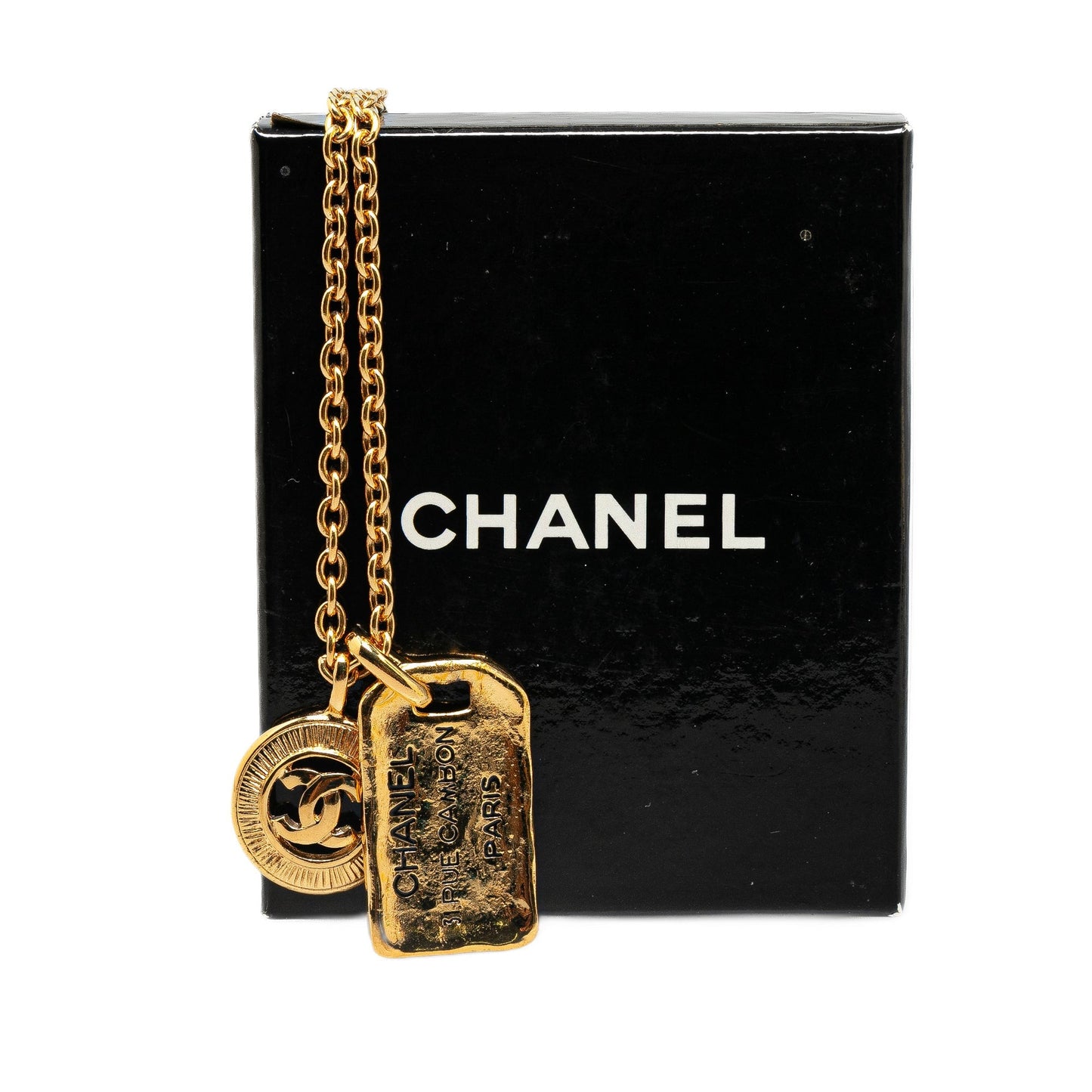 Gold Chanel Gold Plated CC Round and Rue Cambon Pendant Necklace