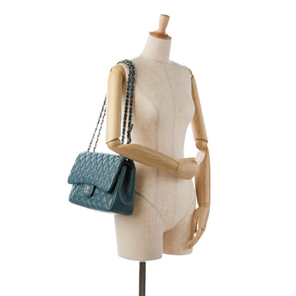 Blue Chanel Jumbo Classic Lambskin Double Flap Shoulder Bag
