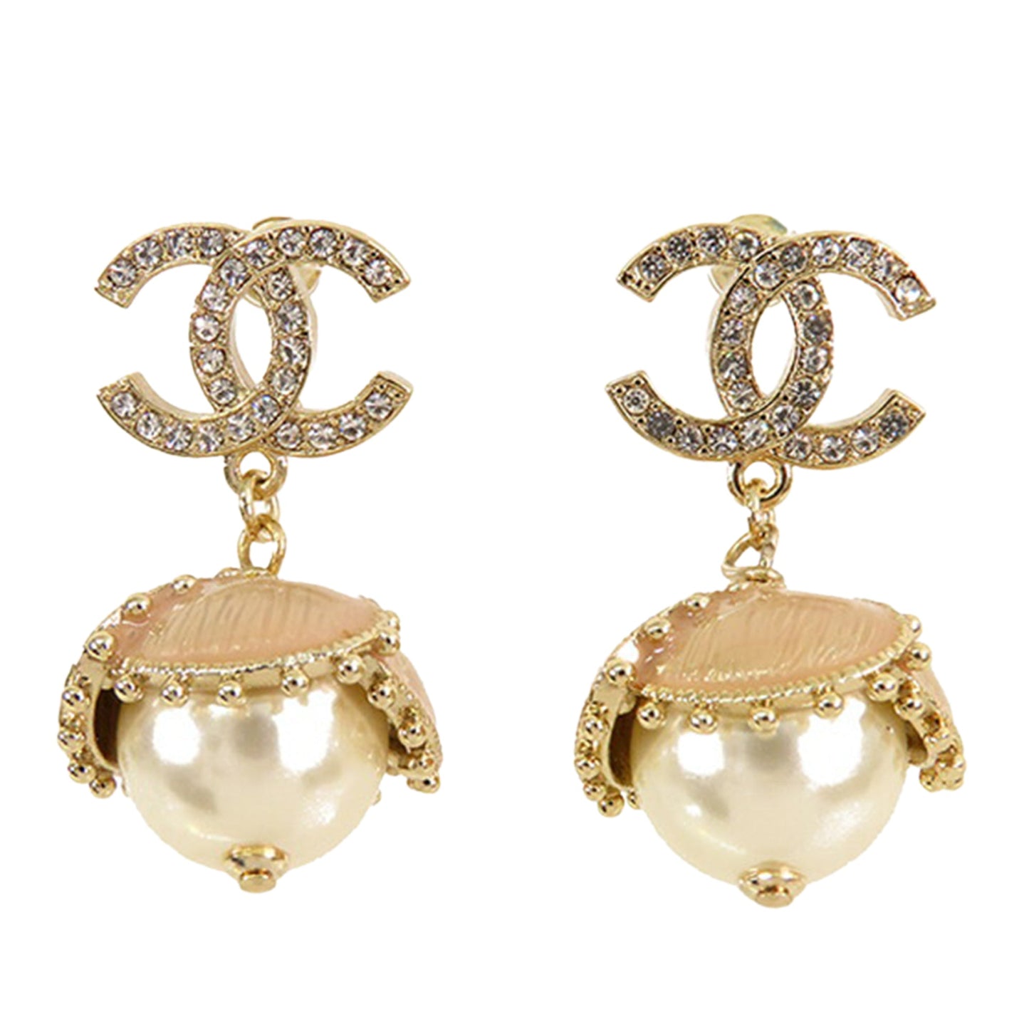 Gold Chanel Gold Plated CC Rhinestone And Pearl Drop Push Back Earrings