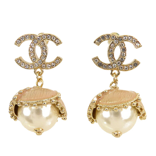 Gold Chanel Gold Plated CC Rhinestone And Pearl Drop Push Back Earrings