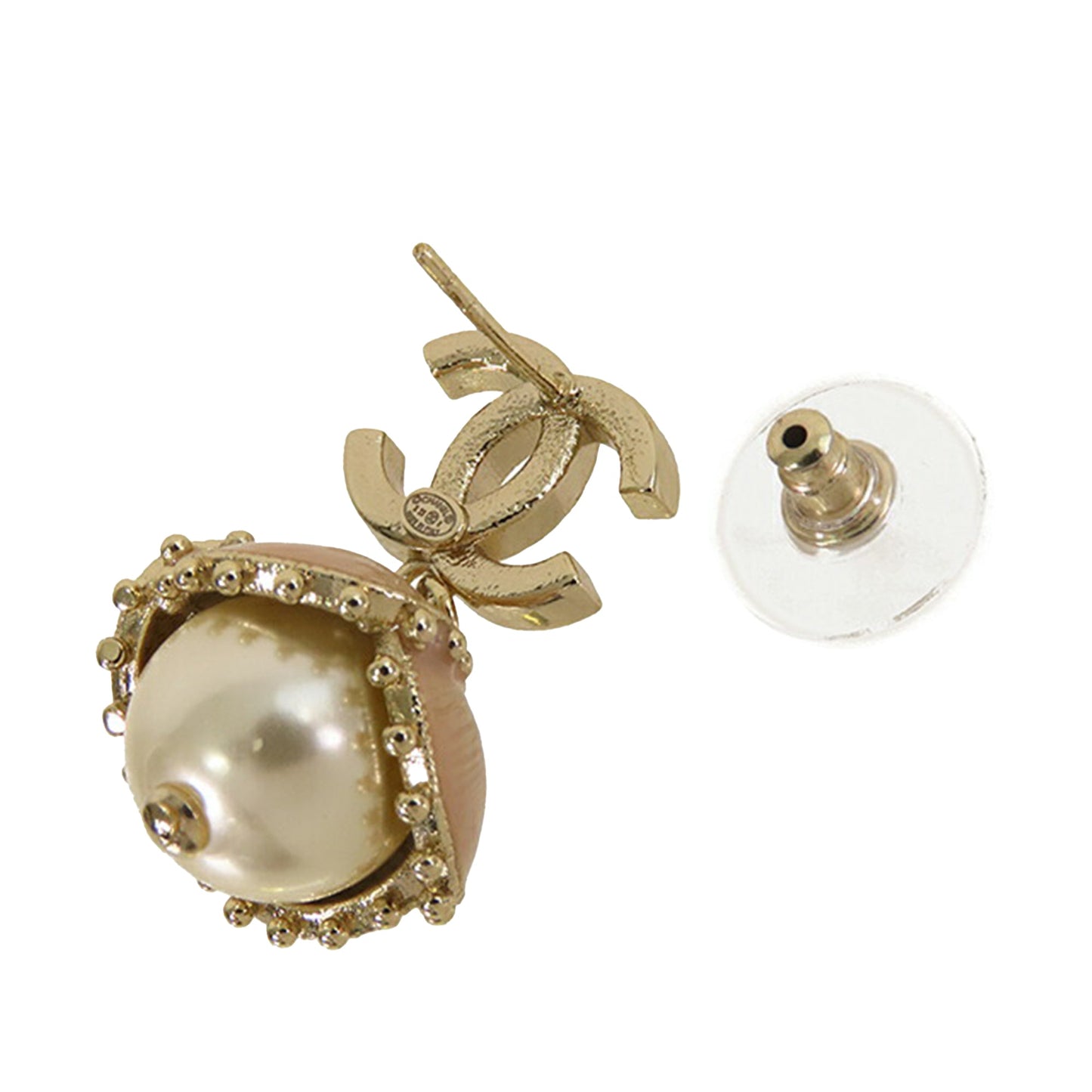 Gold Chanel Gold Plated CC Rhinestone And Pearl Drop Push Back Earrings