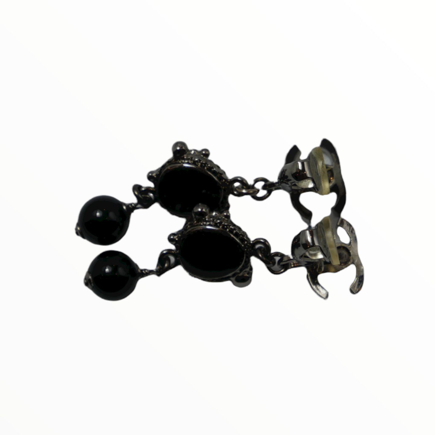 Chanel silver and black stone pendant earclips