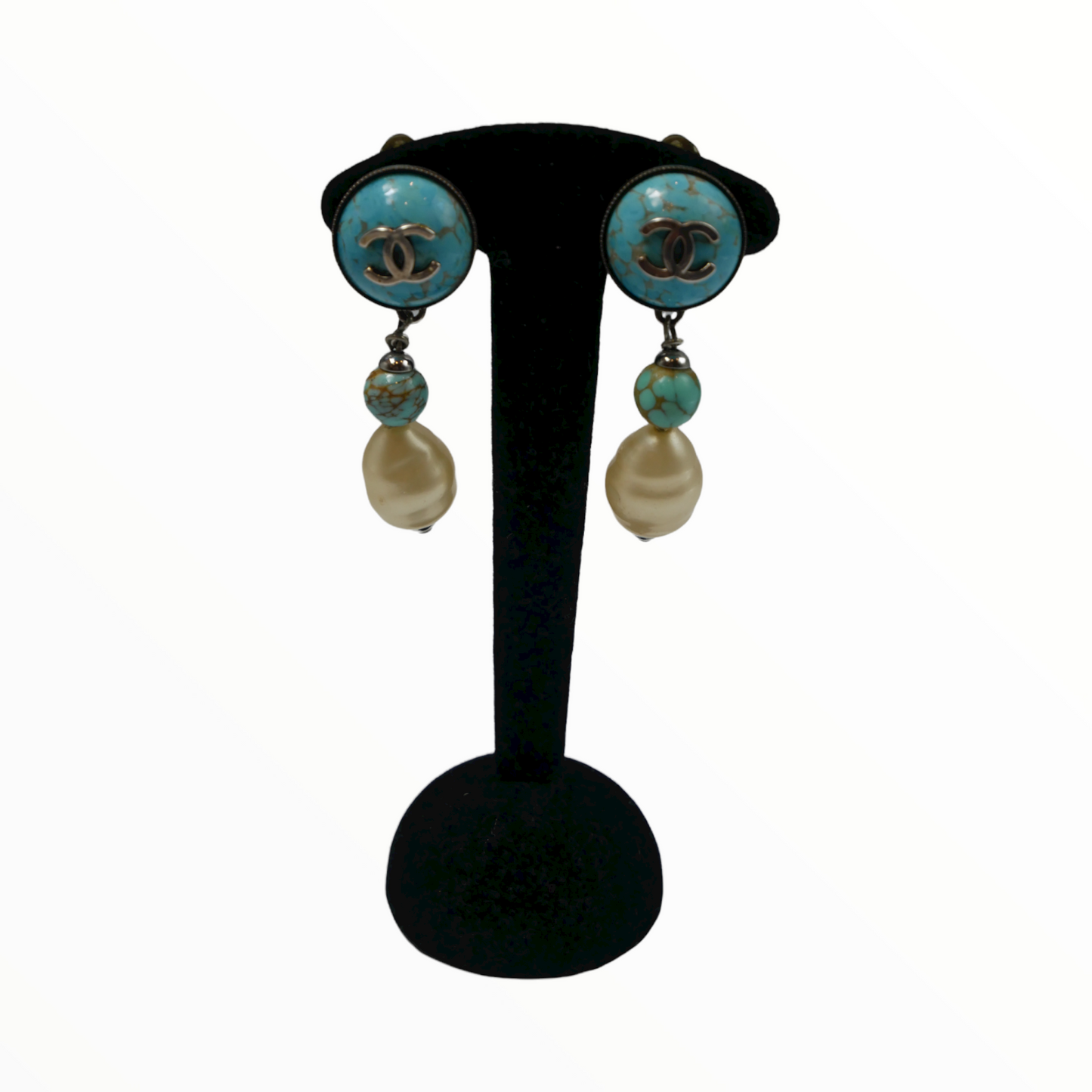 Chanel turquoise and white pearl pendant earclips