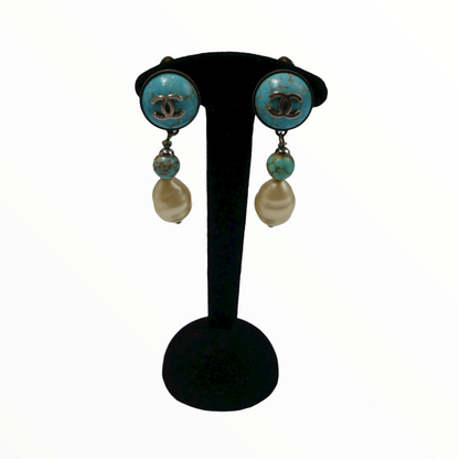 Chanel turquoise and white pearl pendant earclips