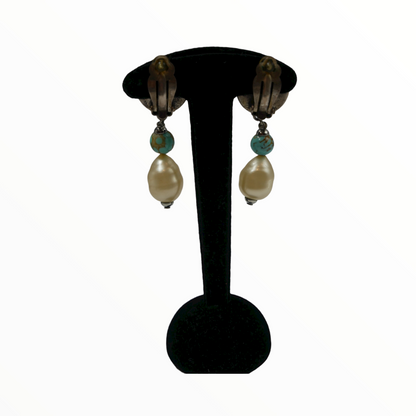 Chanel turquoise and white pearl pendant earclips