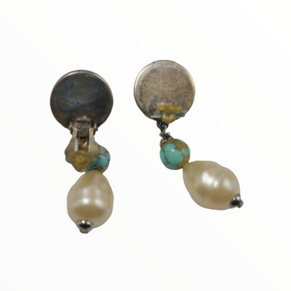Chanel turquoise and white pearl pendant earclips