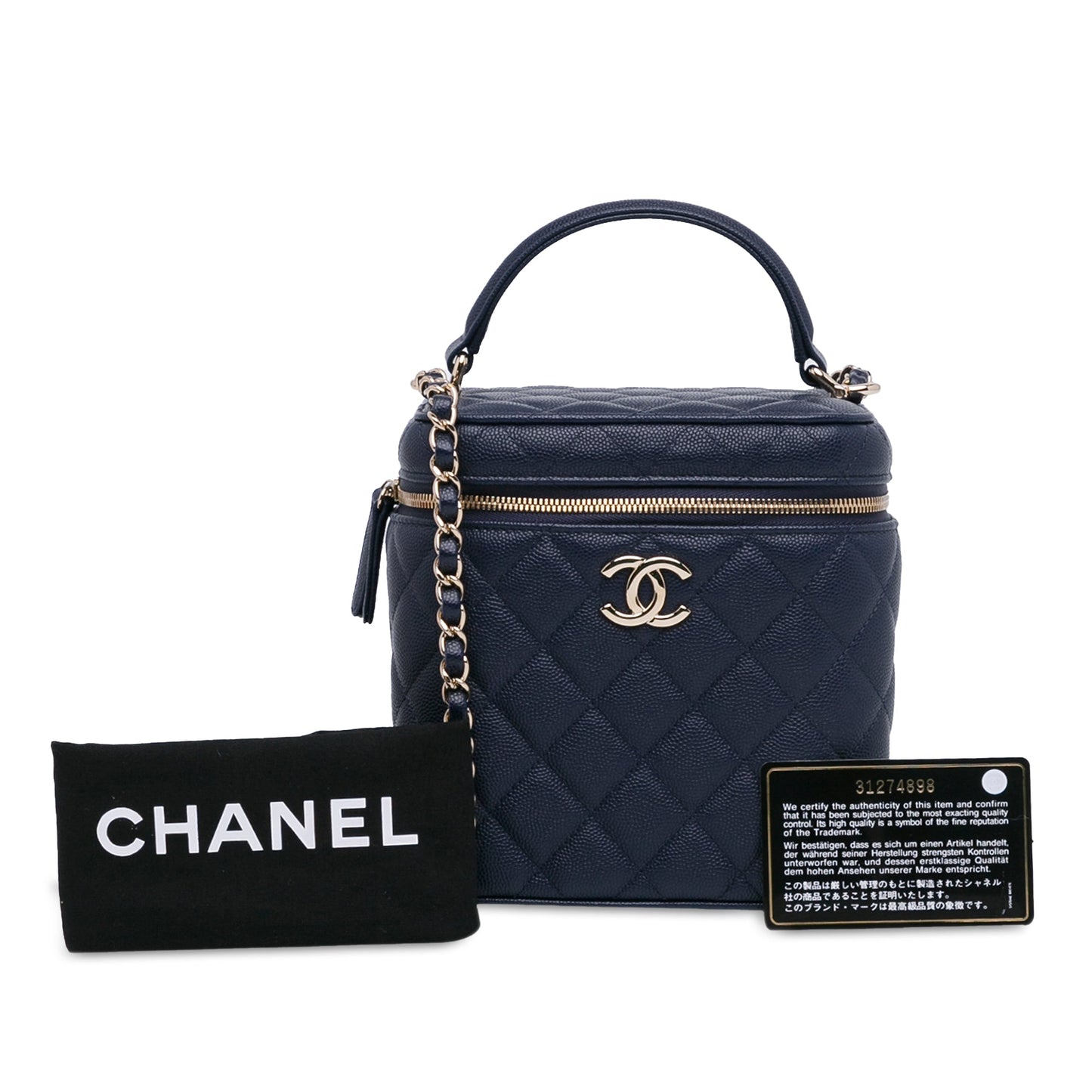 Blue Chanel CC Quilted Caviar Top Handle Vanity Case with Chain