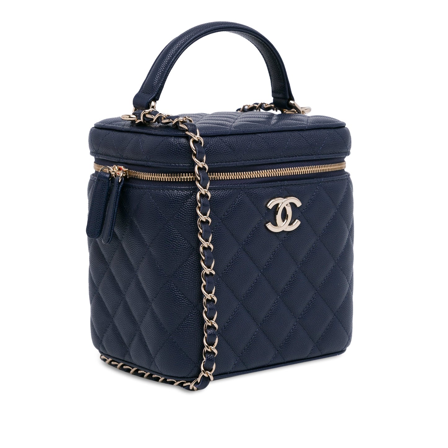 Blue Chanel CC Quilted Caviar Top Handle Vanity Case with Chain