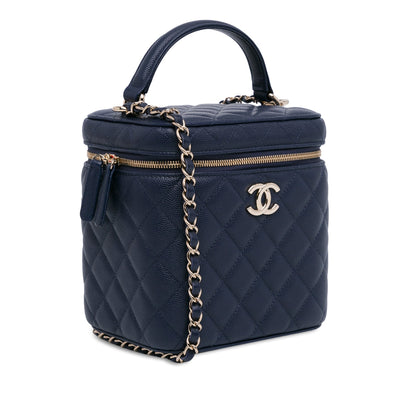 Blue Chanel CC Quilted Caviar Top Handle Vanity Case with Chain