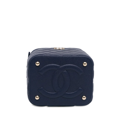 Blue Chanel CC Quilted Caviar Top Handle Vanity Case with Chain