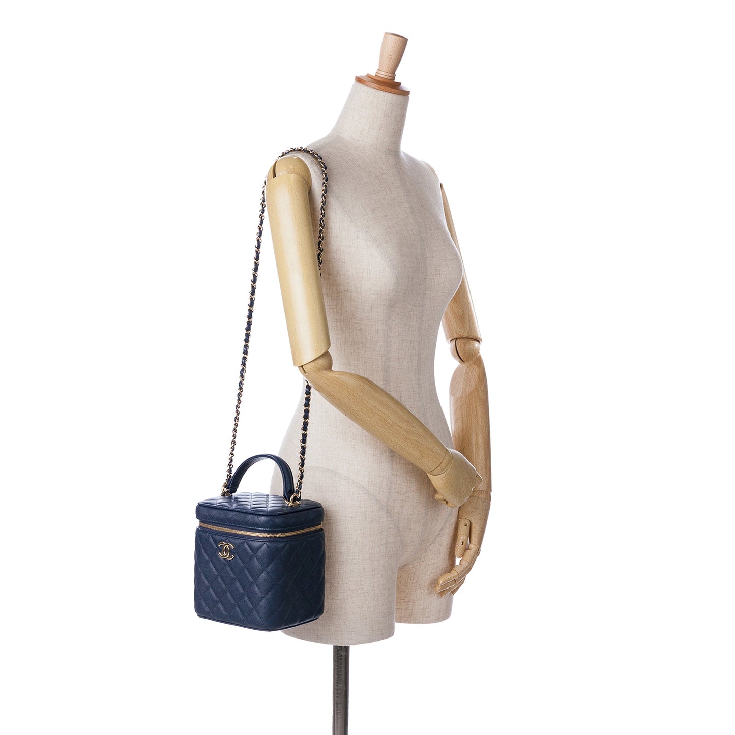 Blue Chanel CC Quilted Caviar Top Handle Vanity Case with Chain