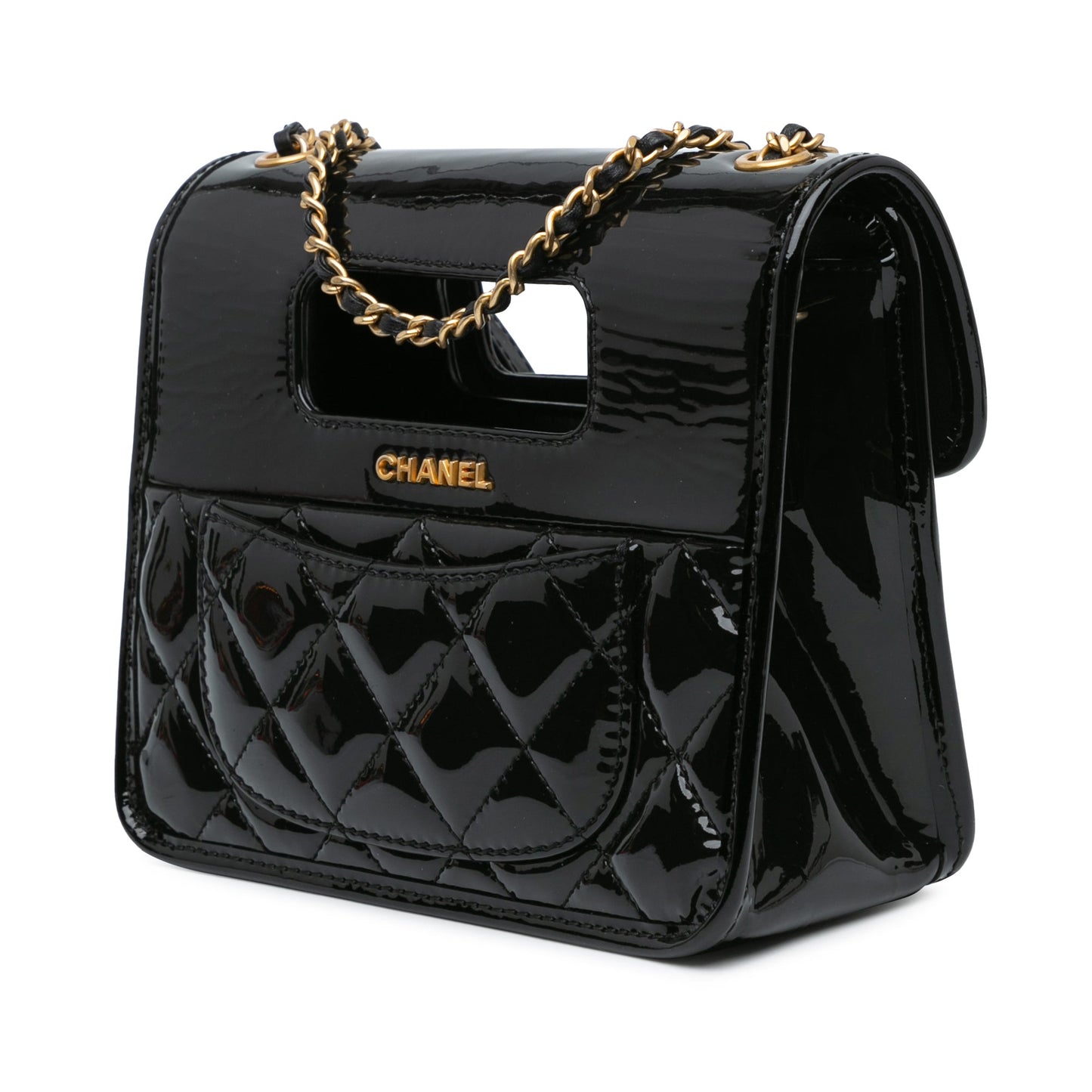 Black Chanel Mini Quilted Patent Graphic Catch Flap Satchel