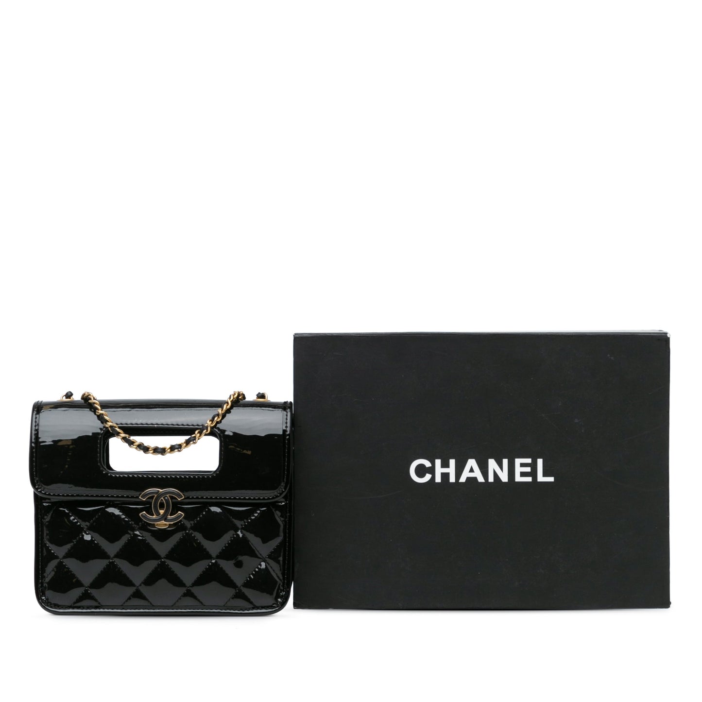 Black Chanel Mini Quilted Patent Graphic Catch Flap Satchel