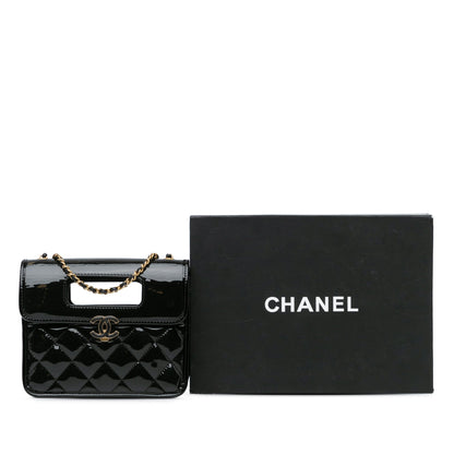 Black Chanel Mini Quilted Patent Graphic Catch Flap Satchel