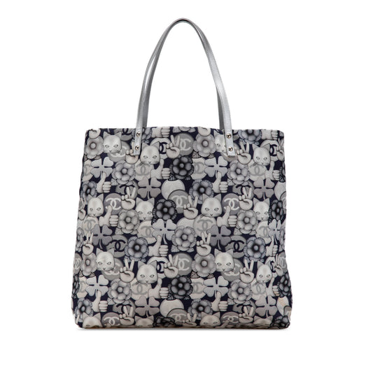Gray Chanel Small Nylon Cat Emoticon Shopping Tote