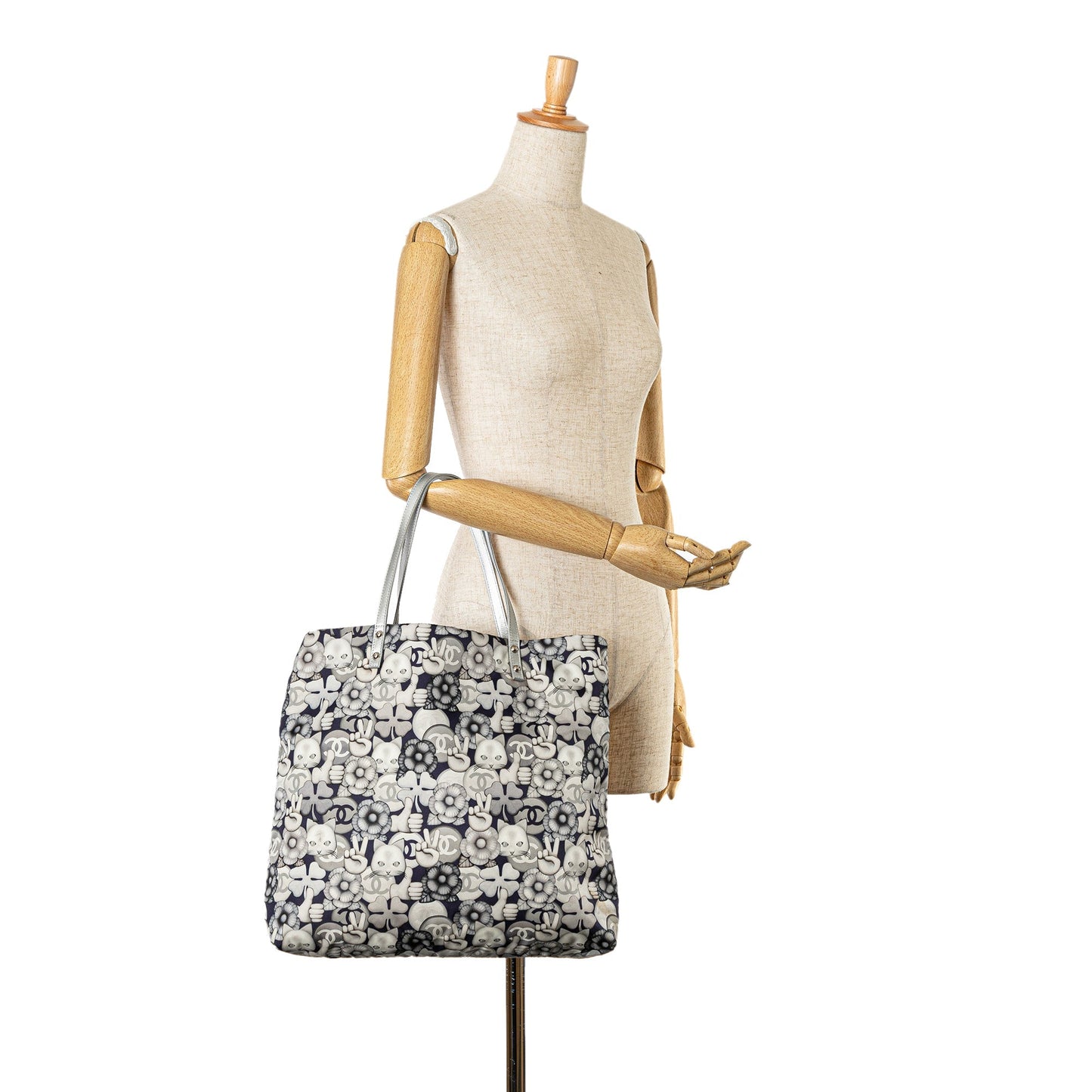 Gray Chanel Small Nylon Cat Emoticon Shopping Tote
