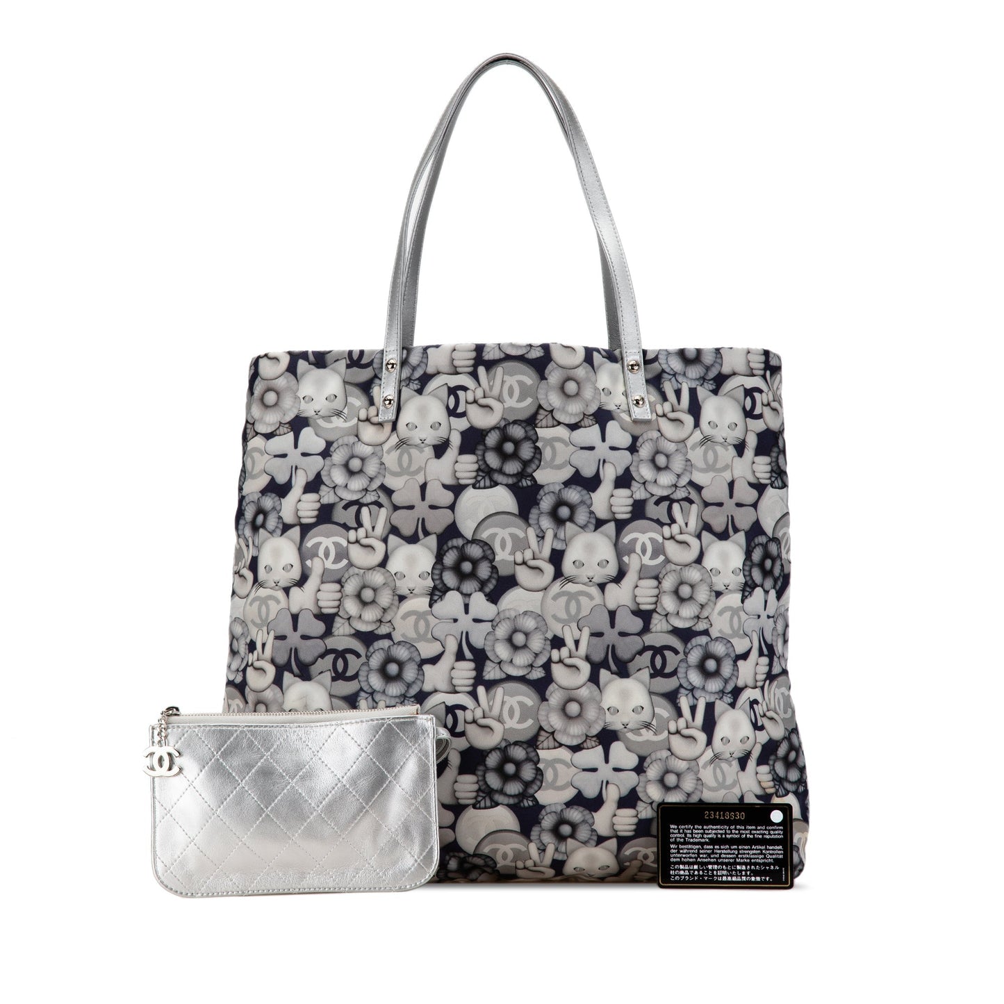 Gray Chanel Small Nylon Cat Emoticon Shopping Tote