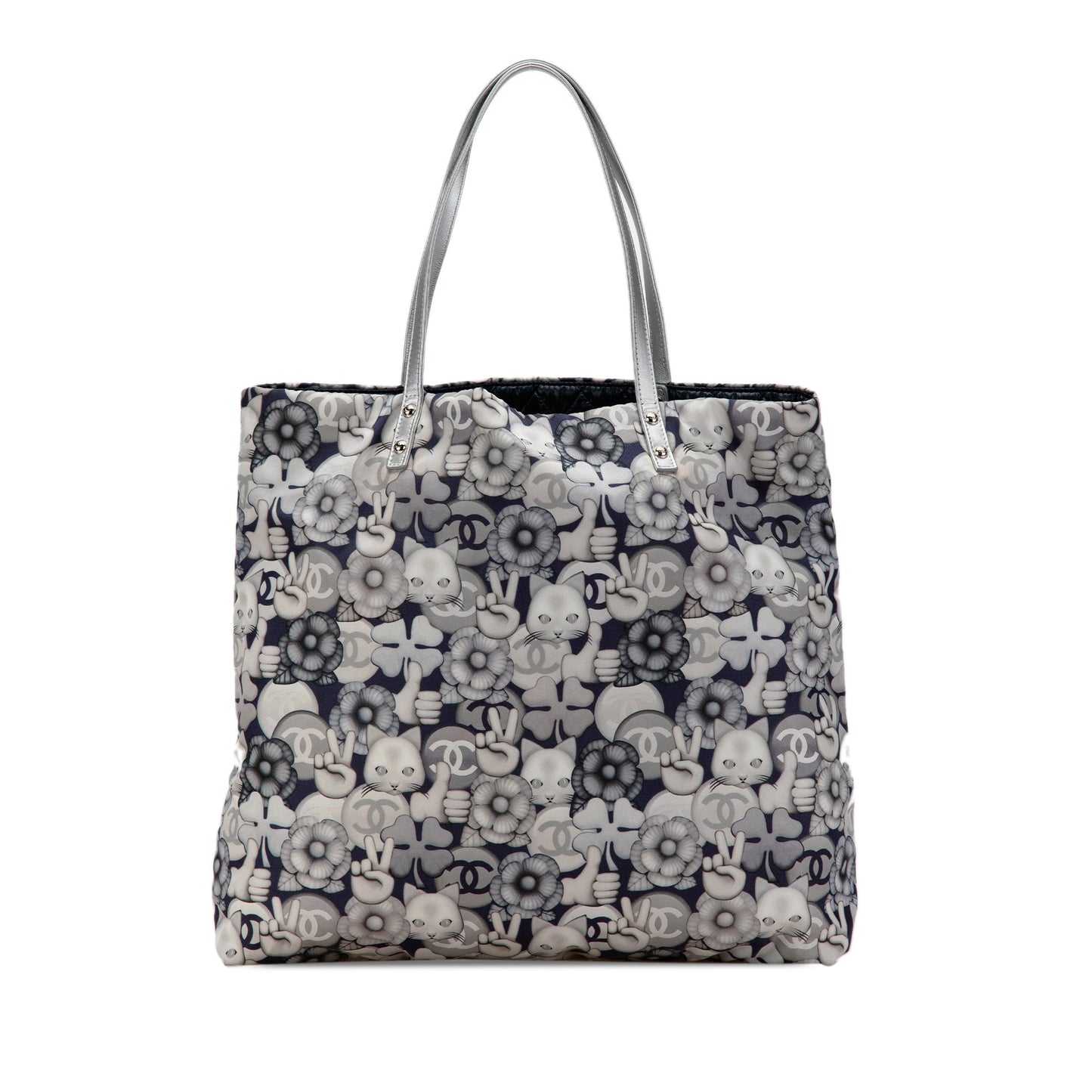 Gray Chanel Small Nylon Cat Emoticon Shopping Tote