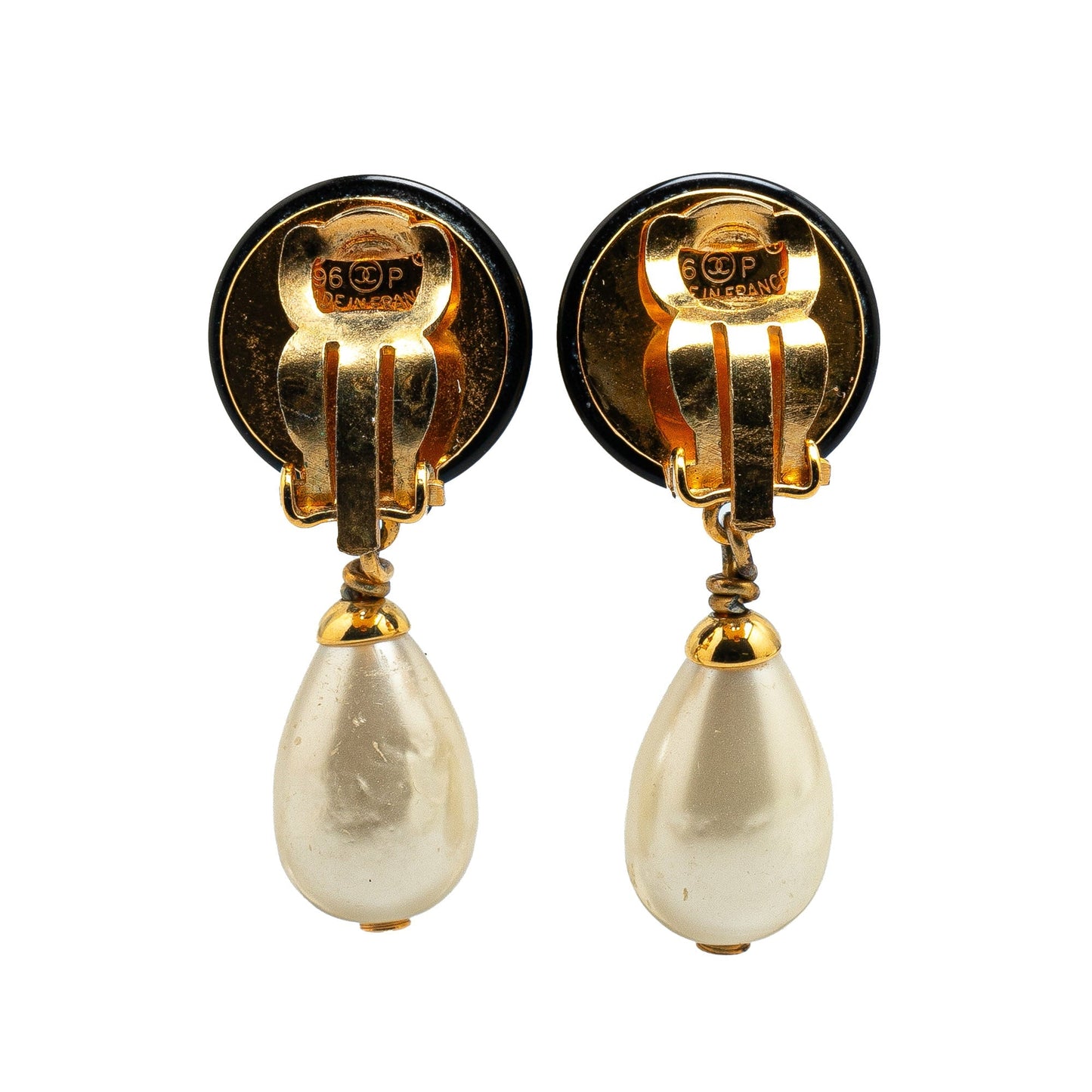 Gold Chanel Gold Plated CC Dangling Faux Pearl Clip on Earrings