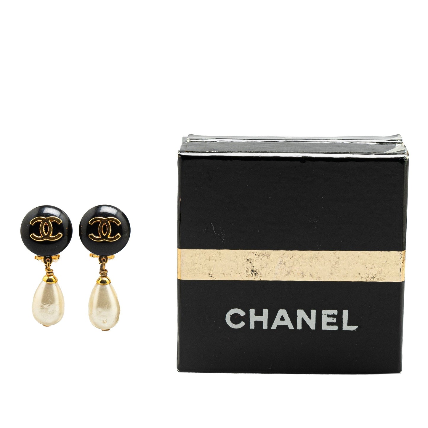 Gold Chanel Gold Plated CC Dangling Faux Pearl Clip on Earrings