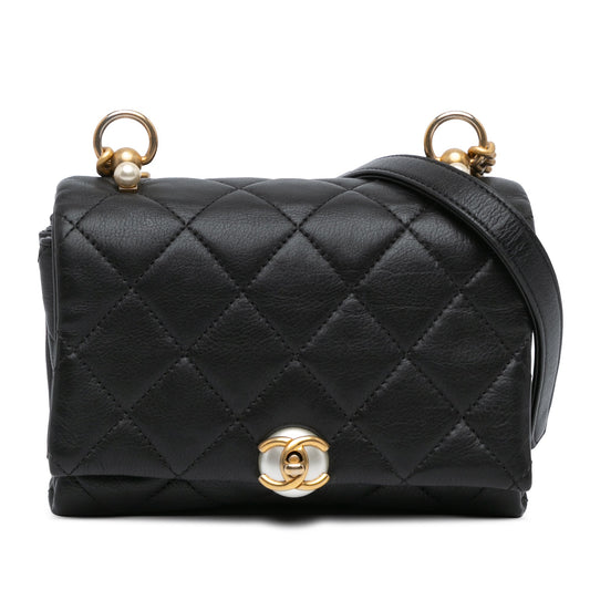 Black Chanel Quilted Calfskin Pearl CC Accordion Flap Crossbody Bag