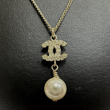 Chanel Coco Mark Necklace Metal Rhinestone Faux Pearl