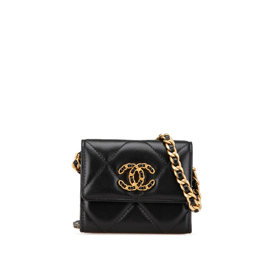 Black Chanel Quilted Lambskin Chanel 19 Card Holder On Chain Crossbody Bag