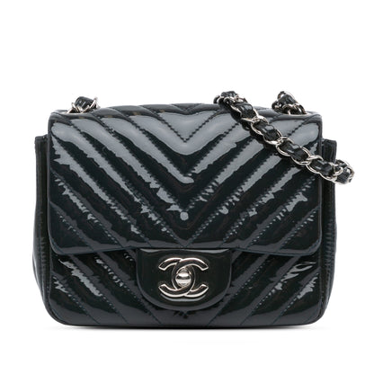 Blue Chanel Mini Square Classic Chevron Patent Flap Crossbody Bag