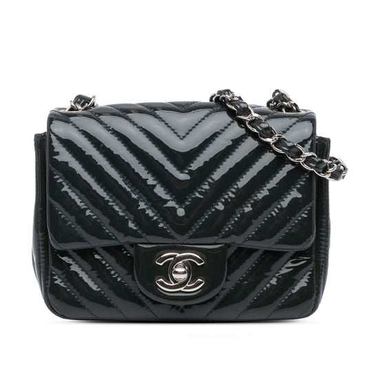 Blue Chanel Mini Square Classic Chevron Patent Flap Crossbody Bag