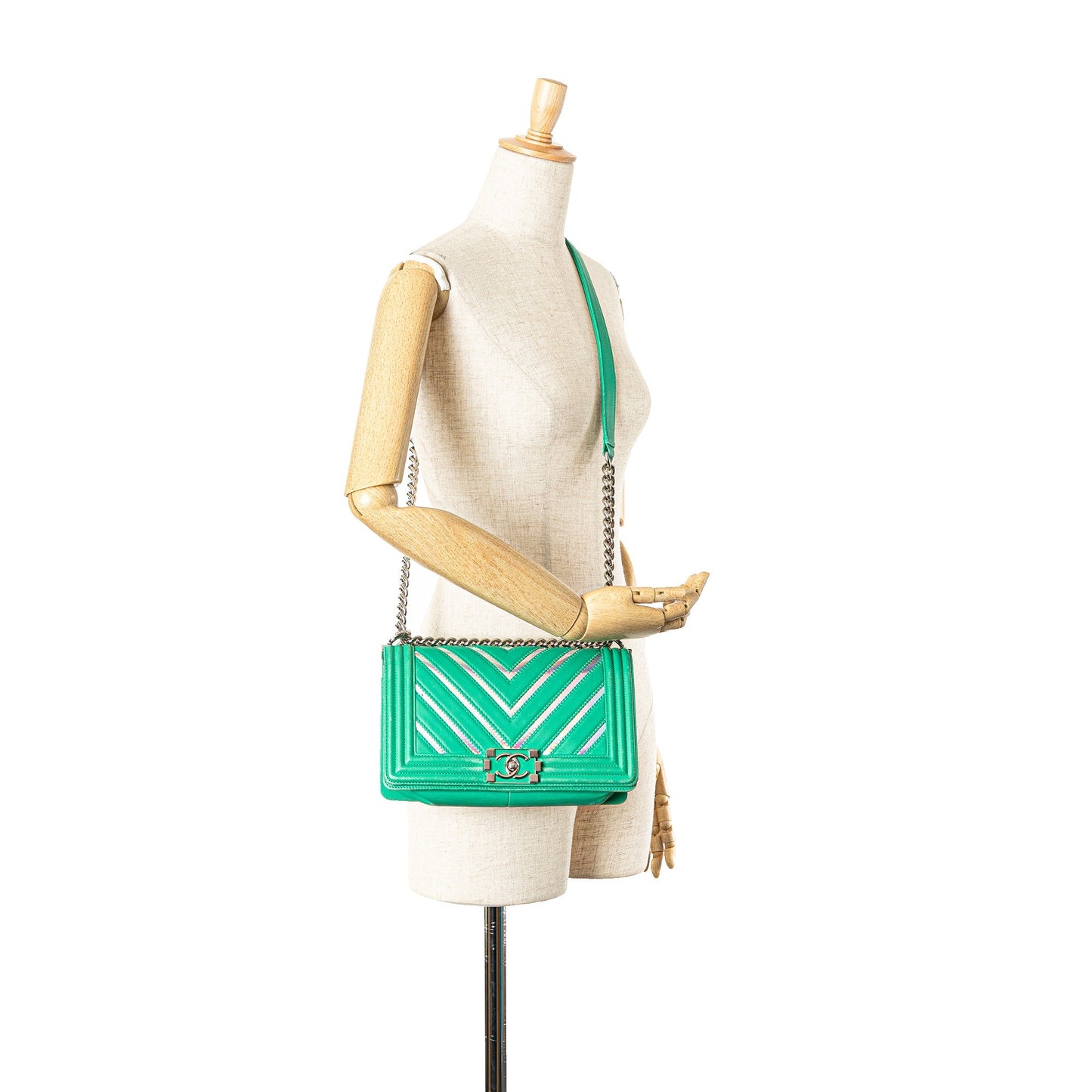 Green Chanel Medium Chevron Lambskin and Iridescent PVC Boy Flap Crossbody Bag