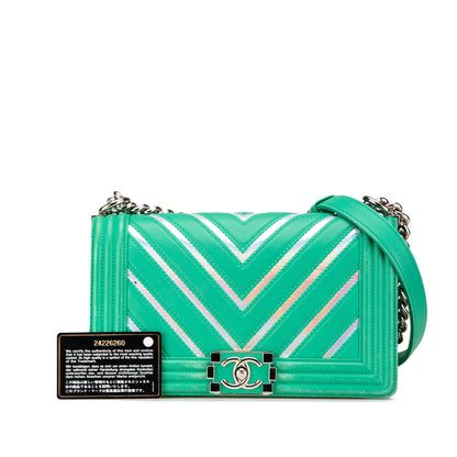 Green Chanel Medium Chevron Lambskin and Iridescent PVC Boy Flap Crossbody Bag