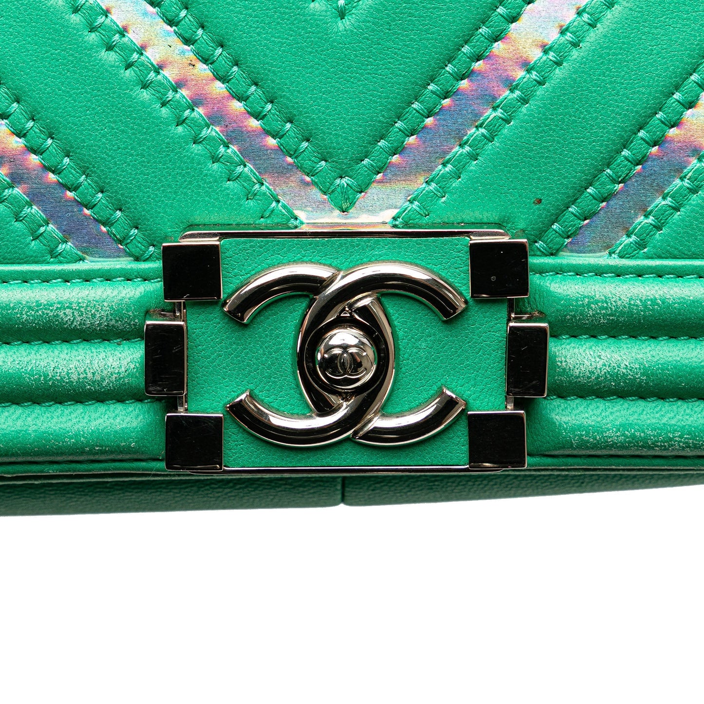 Green Chanel Medium Chevron Lambskin and Iridescent PVC Boy Flap Crossbody Bag