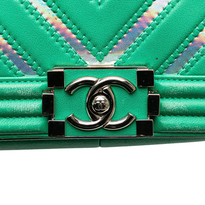 Green Chanel Medium Chevron Lambskin and Iridescent PVC Boy Flap Crossbody Bag