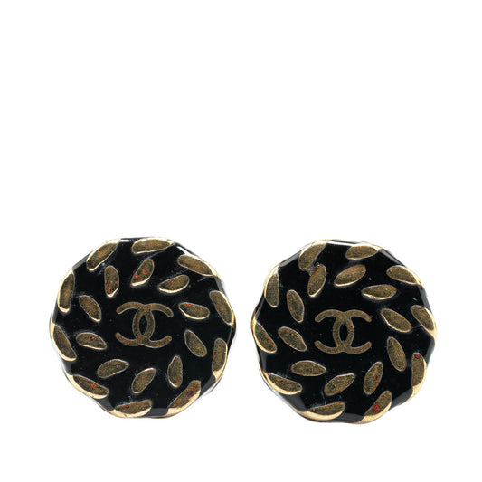 Black Chanel Gold Plated Enamel CC Clip On Earrings