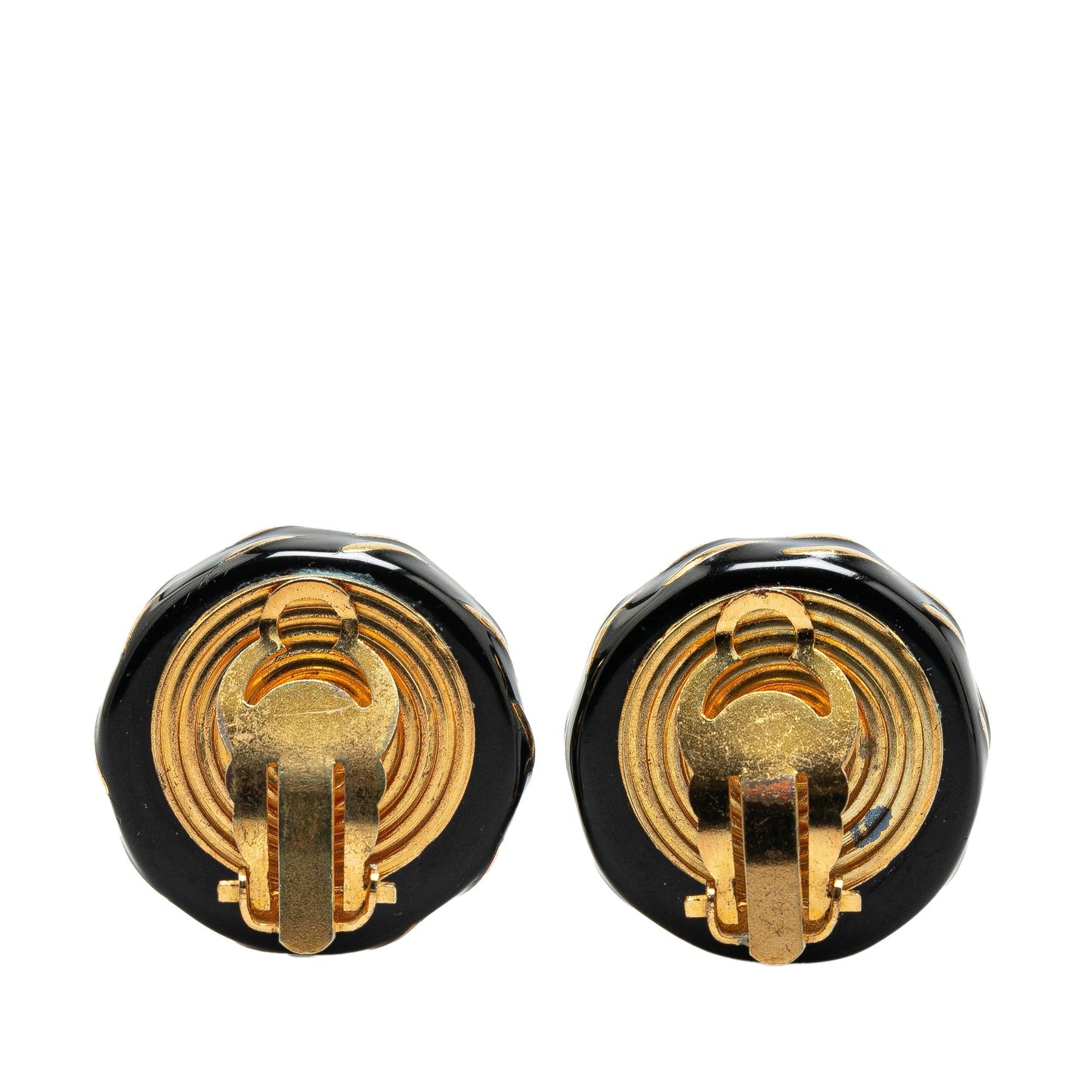 Black Chanel Gold Plated Enamel CC Clip On Earrings