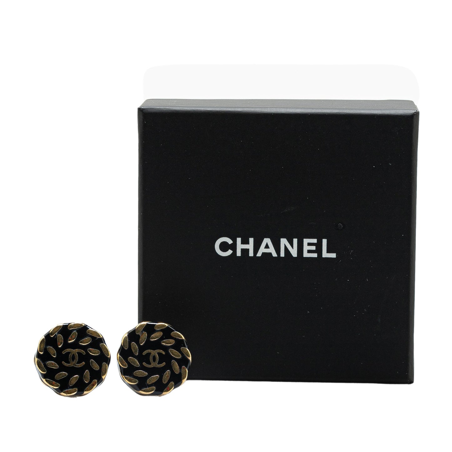 Black Chanel Gold Plated Enamel CC Clip On Earrings