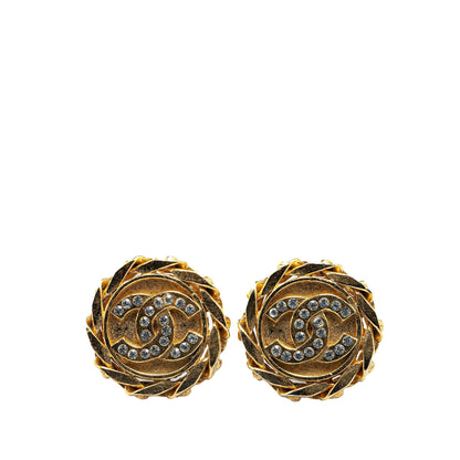 Gold Chanel Gold Plated Rhinestone CC Clip On Earrings
