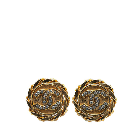Gold Chanel Gold Plated Rhinestone CC Clip On Earrings