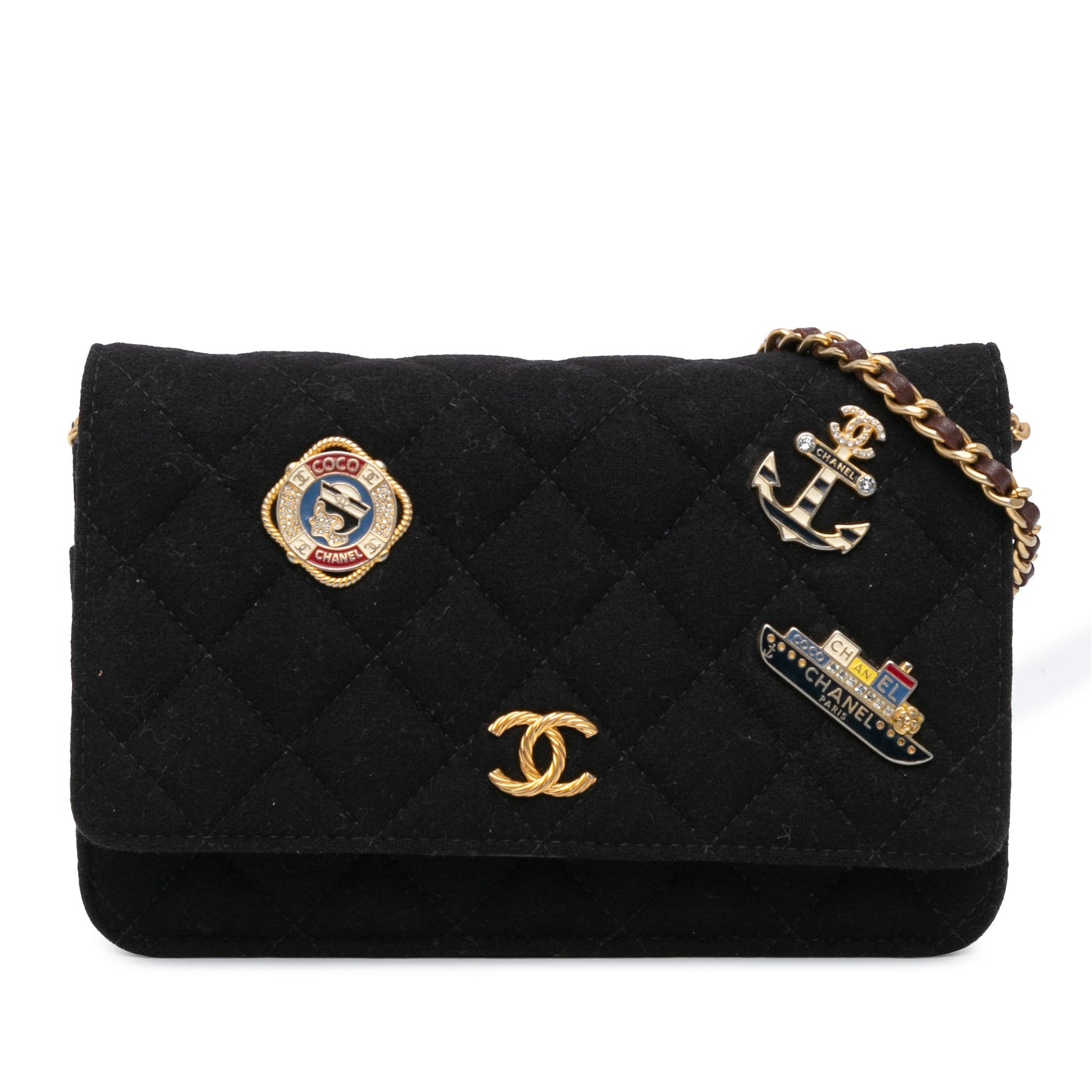 Black Chanel Paris Hamburg Quilted Wool Charms Wallet On Chain Crossbody Bag