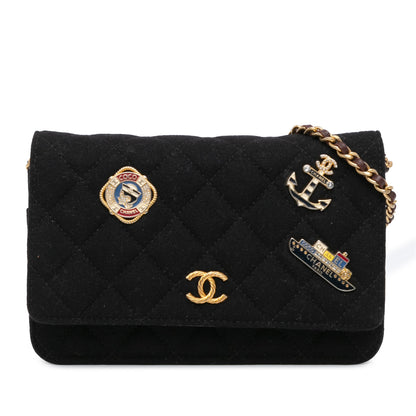 Black Chanel Paris Hamburg Quilted Wool Charms Wallet On Chain Crossbody Bag