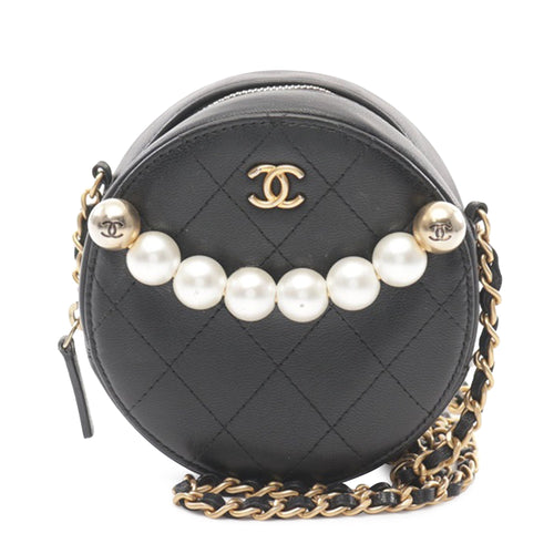 Black Chanel Lambskin Pearl Round Clutch On Chain Crossbody Bag