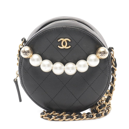 Black Chanel Lambskin Pearl Round Clutch On Chain Crossbody Bag